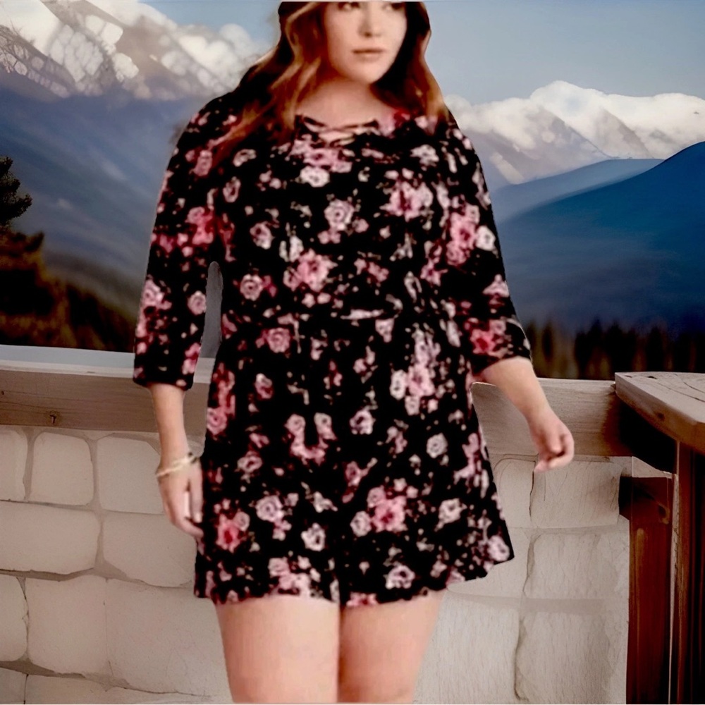 Torrid Romper 0 Black Pink Floral Challis 3/4 Sleeve Lace Up Bodice 1Pc Shorts